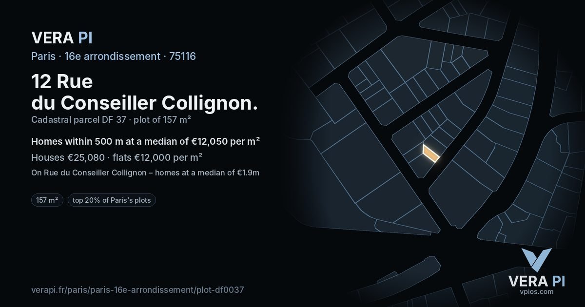 12 Rue du Conseiller Collignon, 16e arrondissement at night – the plot lit, the parcels around coloured by the prices near them