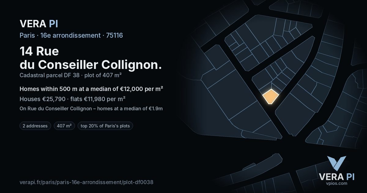 14 Rue du Conseiller Collignon, 16e arrondissement at night – the plot lit, the parcels around coloured by the prices near them