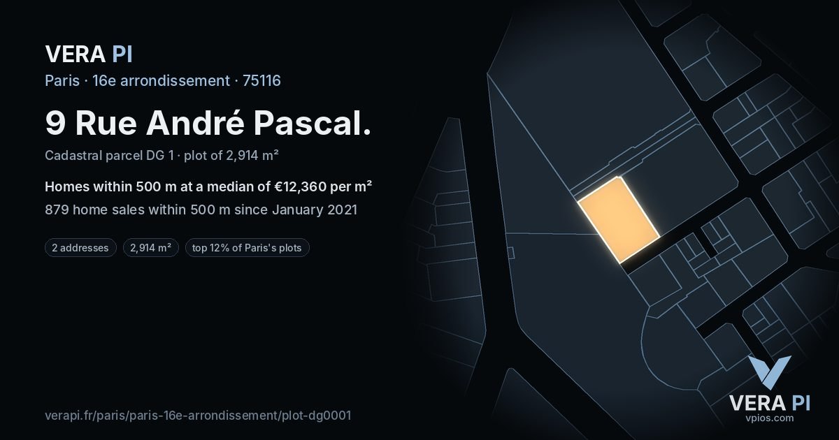 9 Rue André Pascal, 16e arrondissement at night – the plot lit, the parcels around coloured by the prices near them