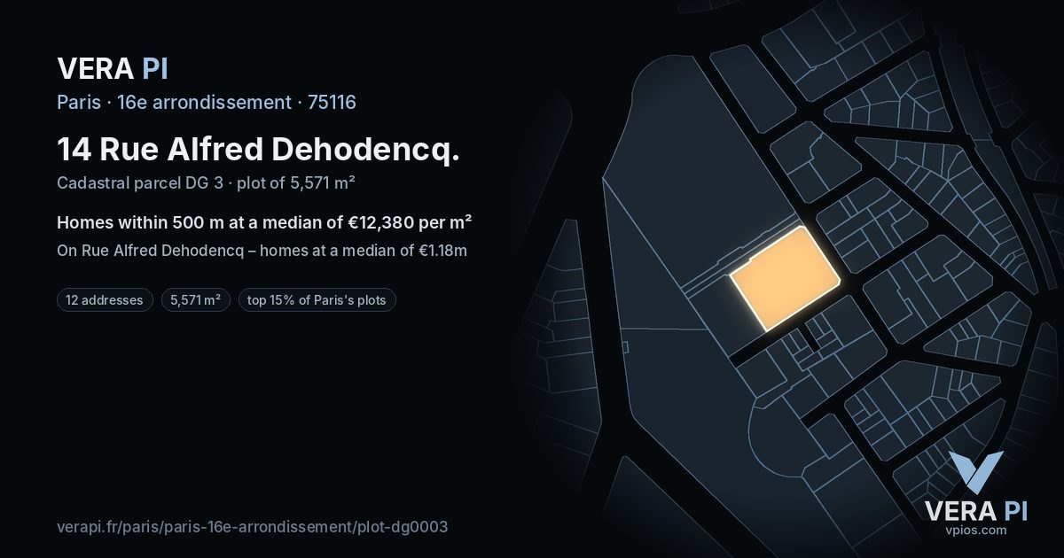 14 Rue Alfred Dehodencq, 16e arrondissement at night – the plot lit, the parcels around coloured by the prices near them