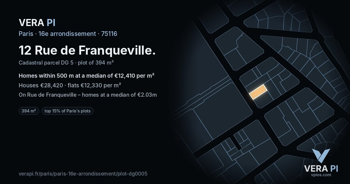 12 Rue de Franqueville, 16e arrondissement at night – the plot lit, the parcels around coloured by the prices near them