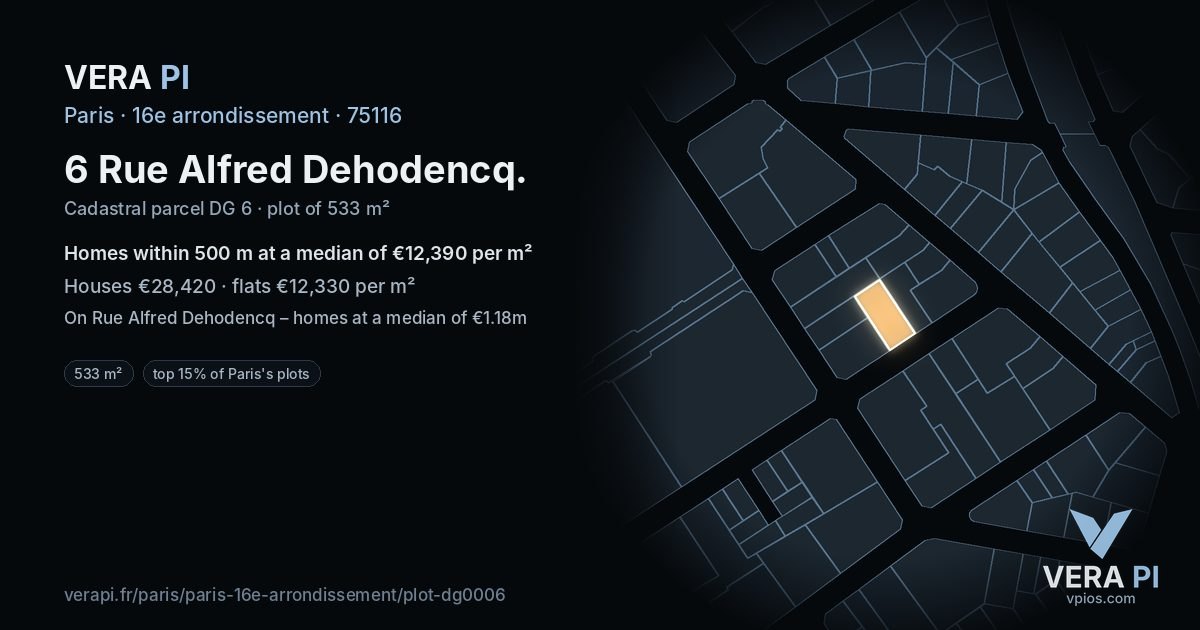 6 Rue Alfred Dehodencq, 16e arrondissement at night – the plot lit, the parcels around coloured by the prices near them