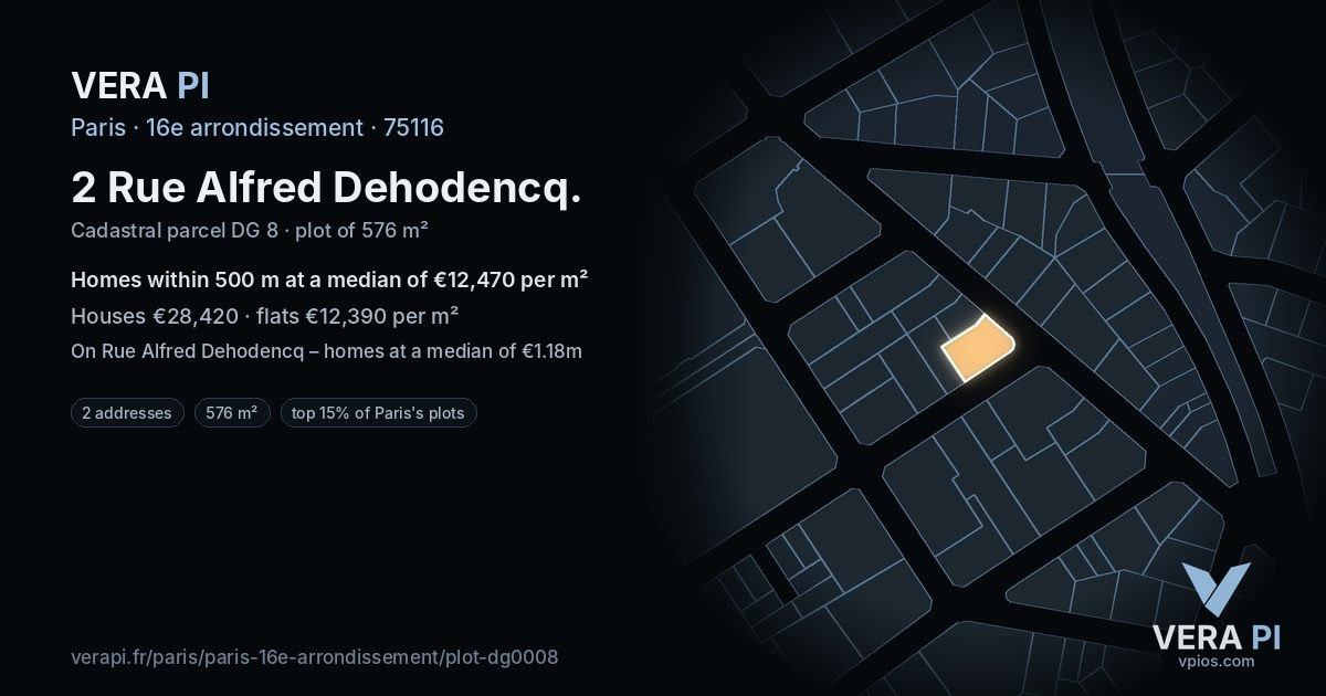 2 Rue Alfred Dehodencq, 16e arrondissement at night – the plot lit, the parcels around coloured by the prices near them