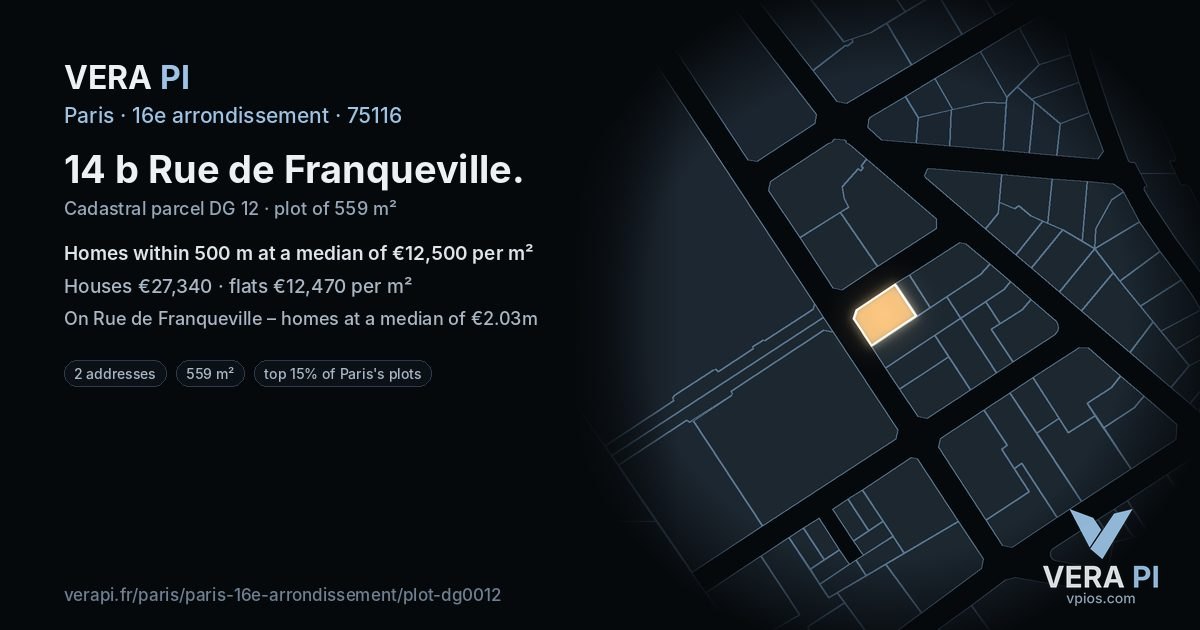 14 b Rue de Franqueville, 16e arrondissement at night – the plot lit, the parcels around coloured by the prices near them