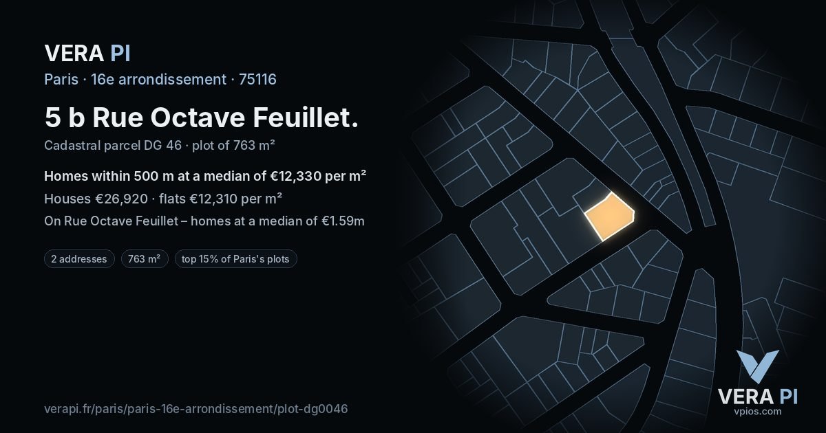 5 b Rue Octave Feuillet, 16e arrondissement at night – the plot lit, the parcels around coloured by the prices near them