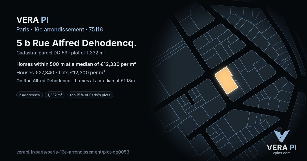 5 b Rue Alfred Dehodencq, 16e arrondissement at night – the plot lit, the parcels around coloured by the prices near them