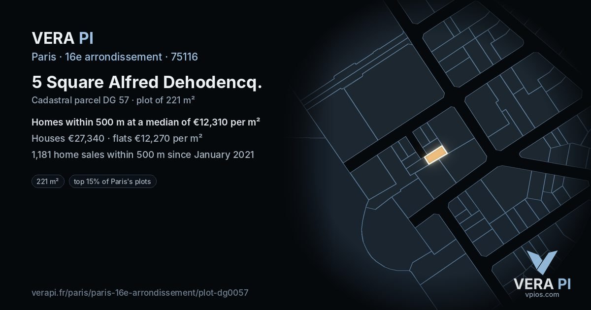 5 Square Alfred Dehodencq, 16e arrondissement at night – the plot lit, the parcels around coloured by the prices near them