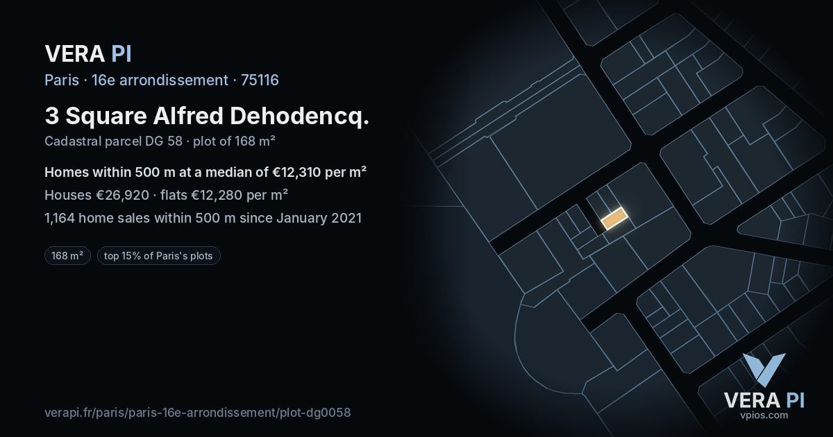 3 Square Alfred Dehodencq, 16e arrondissement at night – the plot lit, the parcels around coloured by the prices near them