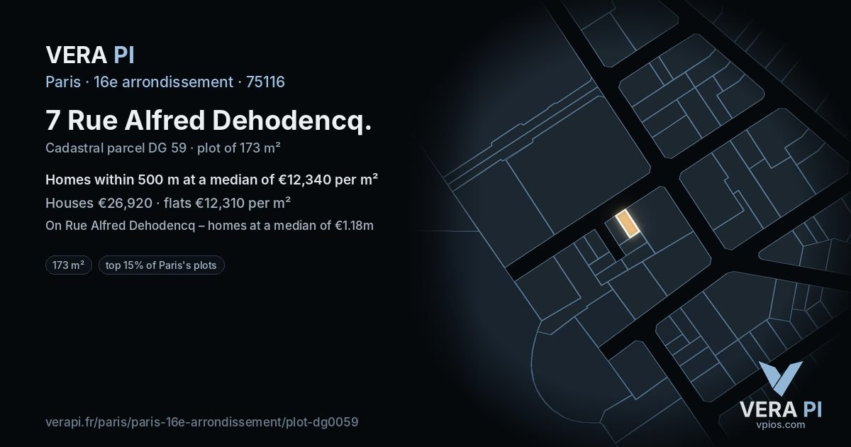 7 Rue Alfred Dehodencq, 16e arrondissement at night – the plot lit, the parcels around coloured by the prices near them