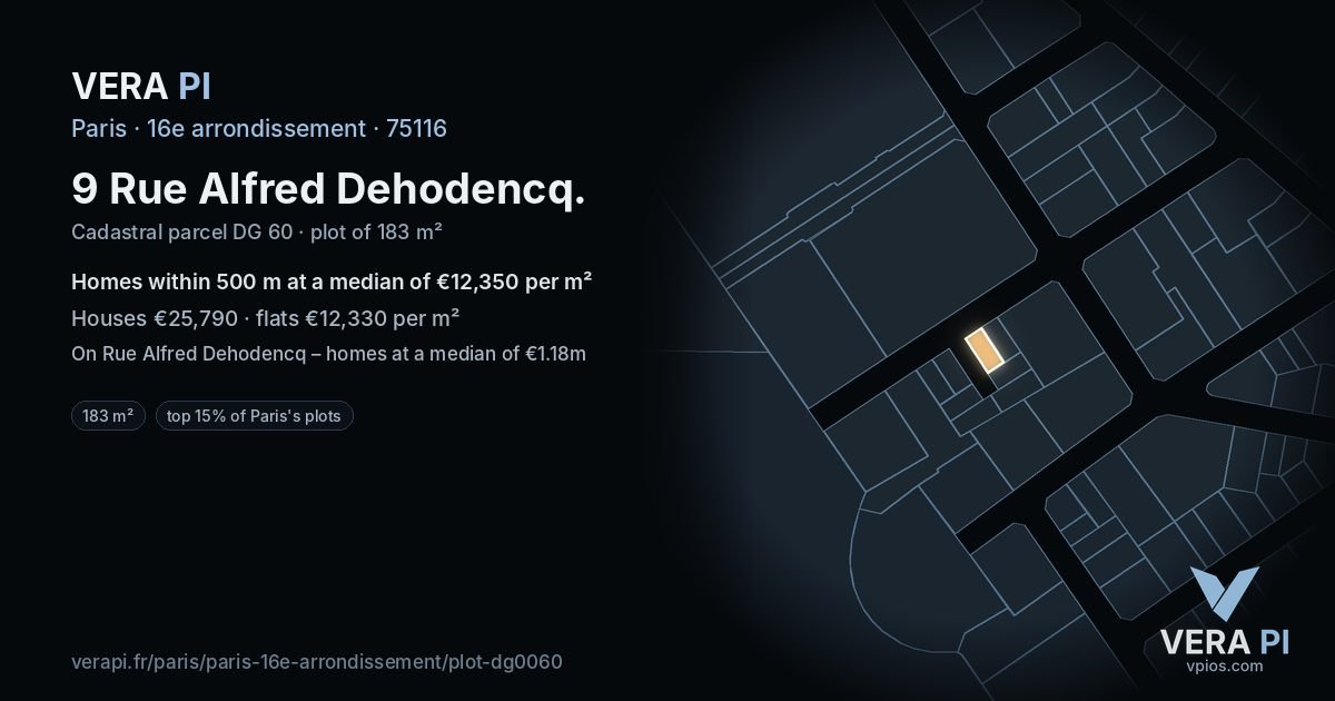 9 Rue Alfred Dehodencq, 16e arrondissement at night – the plot lit, the parcels around coloured by the prices near them