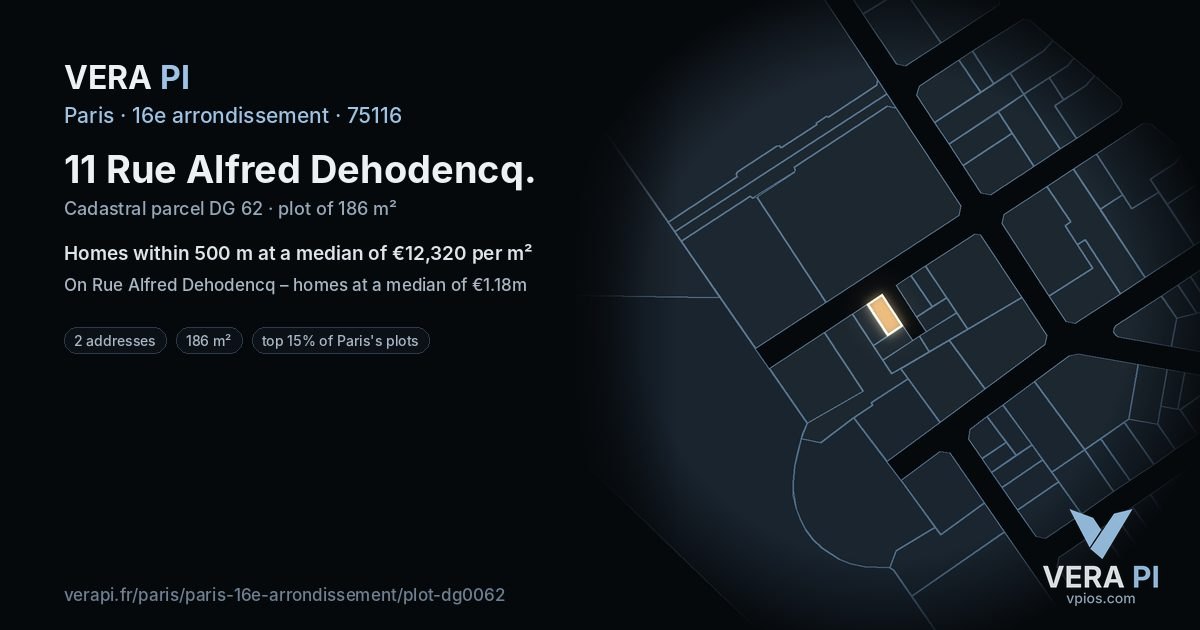 11 Rue Alfred Dehodencq, 16e arrondissement at night – the plot lit, the parcels around coloured by the prices near them