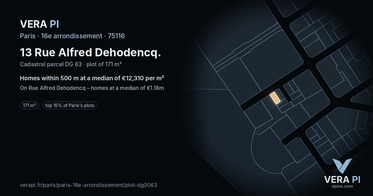 13 Rue Alfred Dehodencq, 16e arrondissement at night – the plot lit, the parcels around coloured by the prices near them