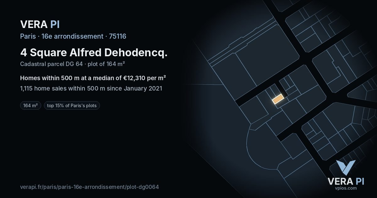 4 Square Alfred Dehodencq, 16e arrondissement at night – the plot lit, the parcels around coloured by the prices near them