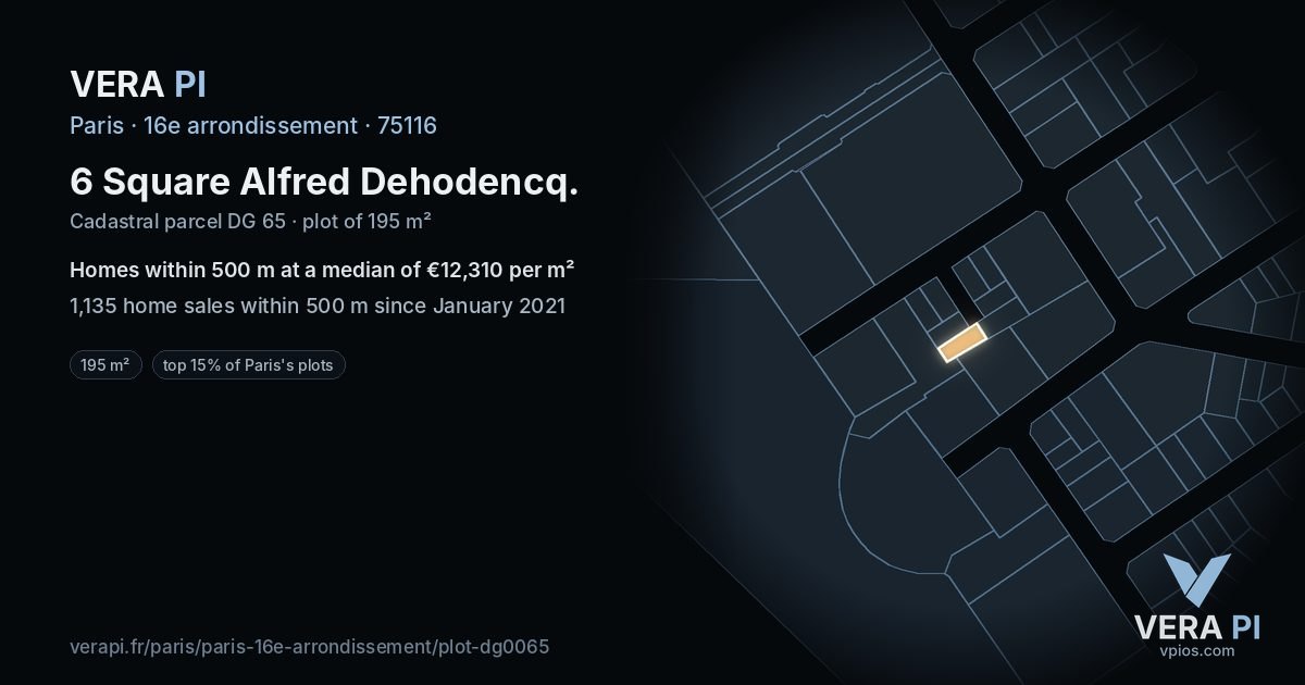 6 Square Alfred Dehodencq, 16e arrondissement at night – the plot lit, the parcels around coloured by the prices near them