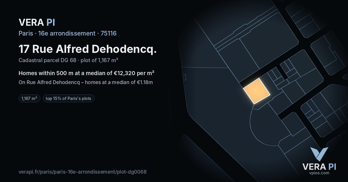 17 Rue Alfred Dehodencq, 16e arrondissement at night – the plot lit, the parcels around coloured by the prices near them