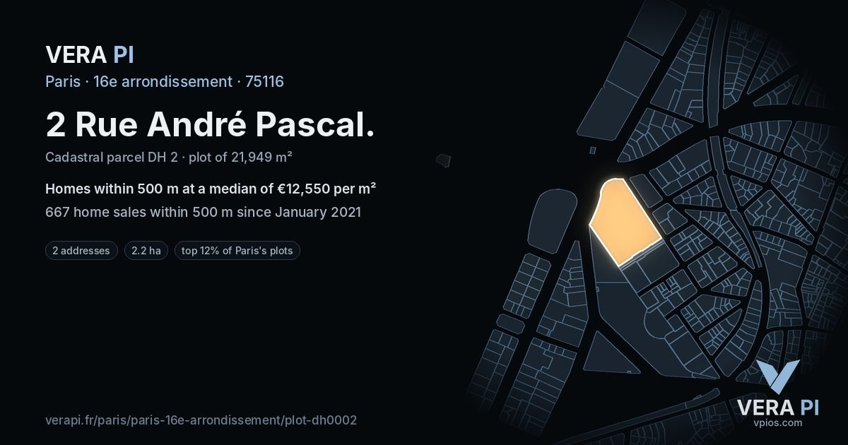 2 Rue André Pascal, 16e arrondissement at night – the plot lit, the parcels around coloured by the prices near them