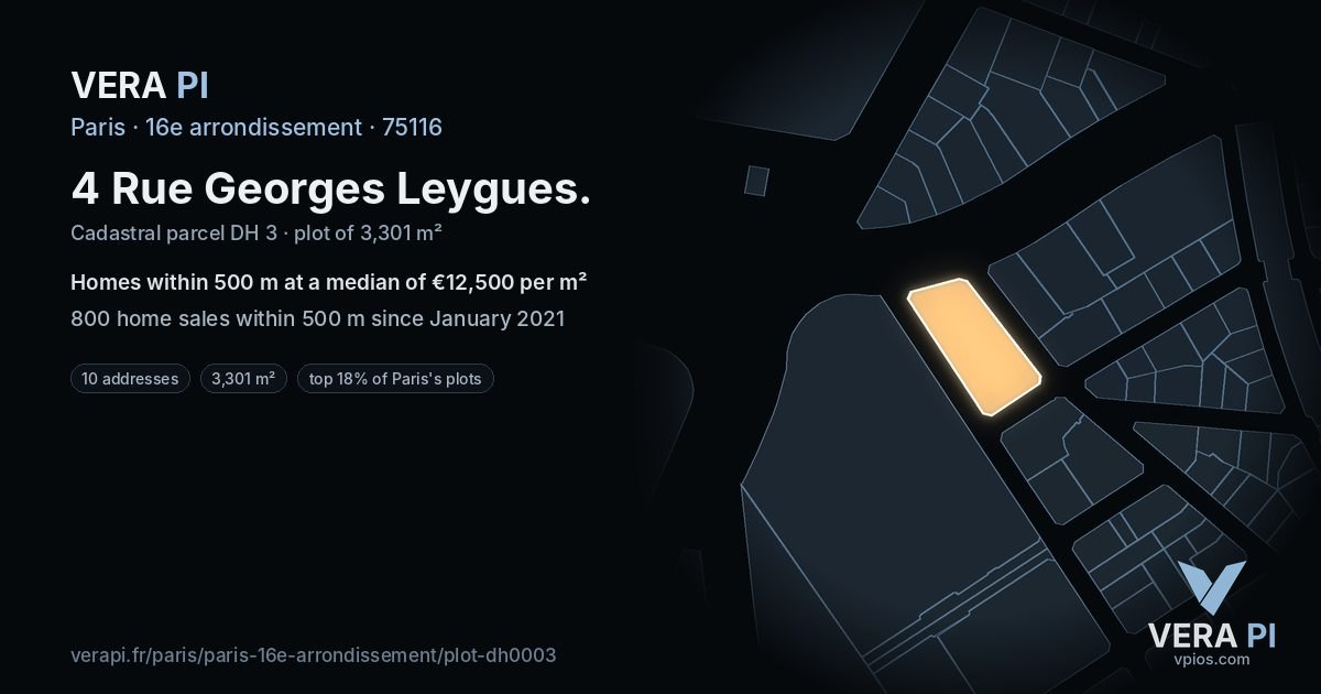 4 Rue Georges Leygues, 16e arrondissement at night – the plot lit, the parcels around coloured by the prices near them