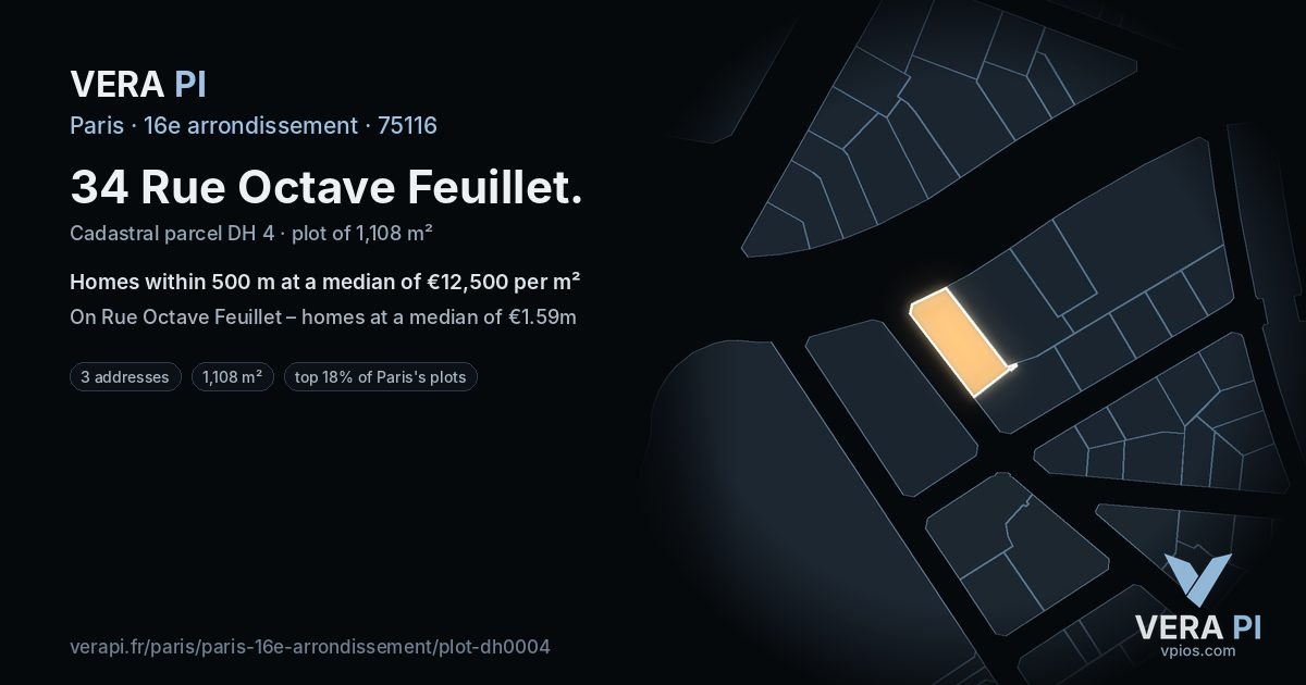 34 Rue Octave Feuillet, 16e arrondissement at night – the plot lit, the parcels around coloured by the prices near them