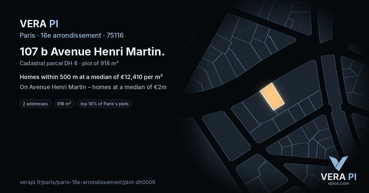 107 b Avenue Henri Martin, 16e arrondissement at night – the plot lit, the parcels around coloured by the prices near them