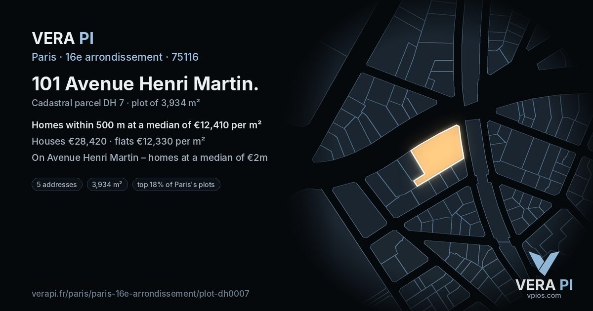 101 Avenue Henri Martin, 16e arrondissement at night – the plot lit, the parcels around coloured by the prices near them
