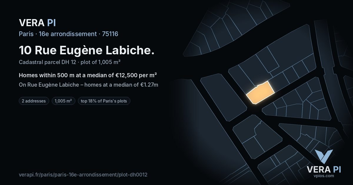 10 Rue Eugène Labiche, 16e arrondissement at night – the plot lit, the parcels around coloured by the prices near them