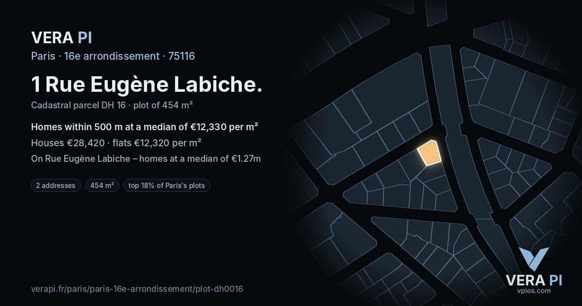 1 Rue Eugène Labiche, 16e arrondissement at night – the plot lit, the parcels around coloured by the prices near them