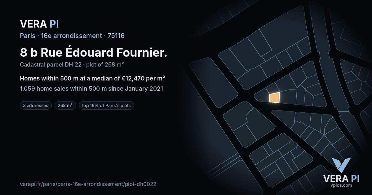 8 b Rue Édouard Fournier, 16e arrondissement at night – the plot lit, the parcels around coloured by the prices near them