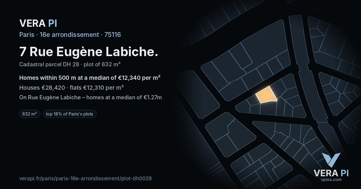 7 Rue Eugène Labiche, 16e arrondissement at night – the plot lit, the parcels around coloured by the prices near them