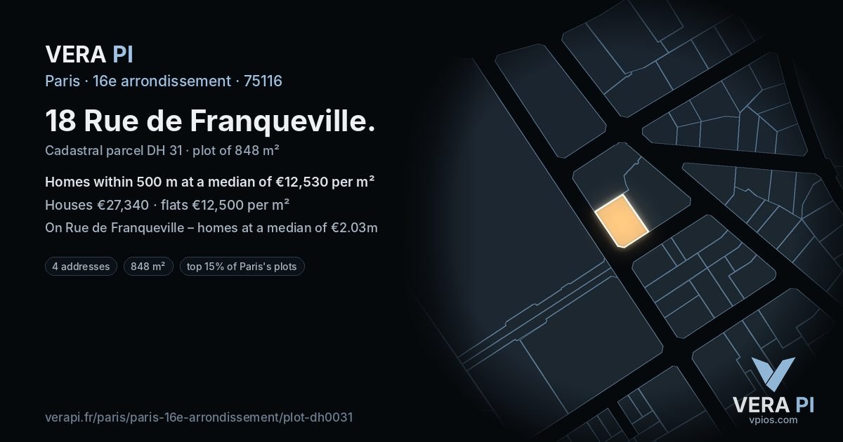 18 Rue de Franqueville, 16e arrondissement at night – the plot lit, the parcels around coloured by the prices near them
