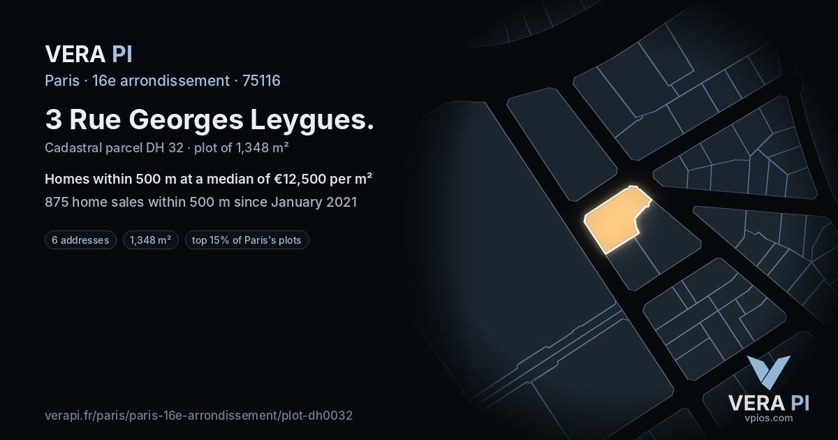 3 Rue Georges Leygues, 16e arrondissement at night – the plot lit, the parcels around coloured by the prices near them