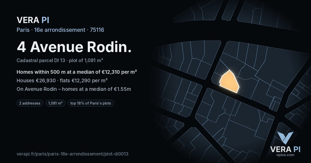 4 Avenue Rodin, 16e arrondissement at night – the plot lit, the parcels around coloured by the prices near them