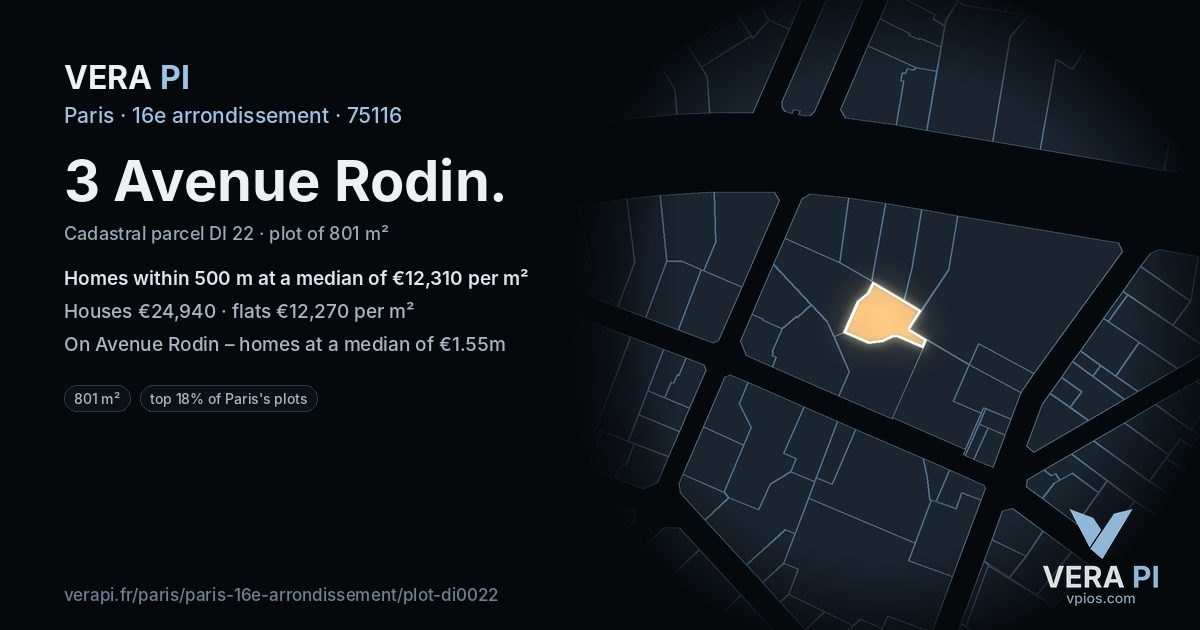 3 Avenue Rodin, 16e arrondissement at night – the plot lit, the parcels around coloured by the prices near them