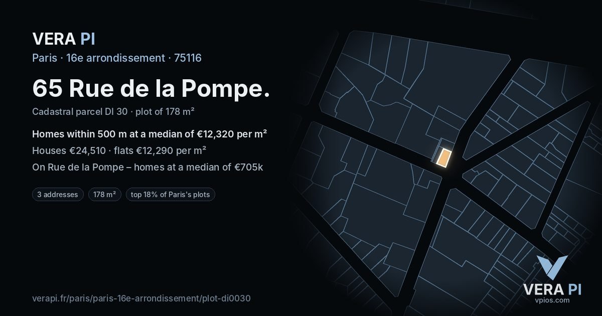 65 Rue de la Pompe, 16e arrondissement at night – the plot lit, the parcels around coloured by the prices near them