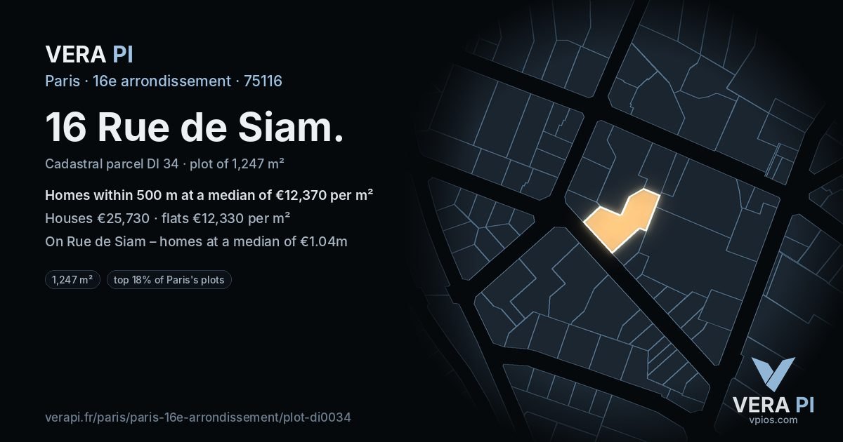 16 Rue de Siam, 16e arrondissement at night – the plot lit, the parcels around coloured by the prices near them