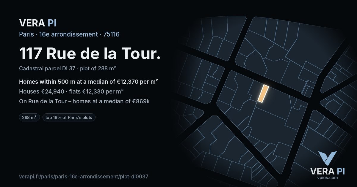 117 Rue de la Tour, 16e arrondissement at night – the plot lit, the parcels around coloured by the prices near them