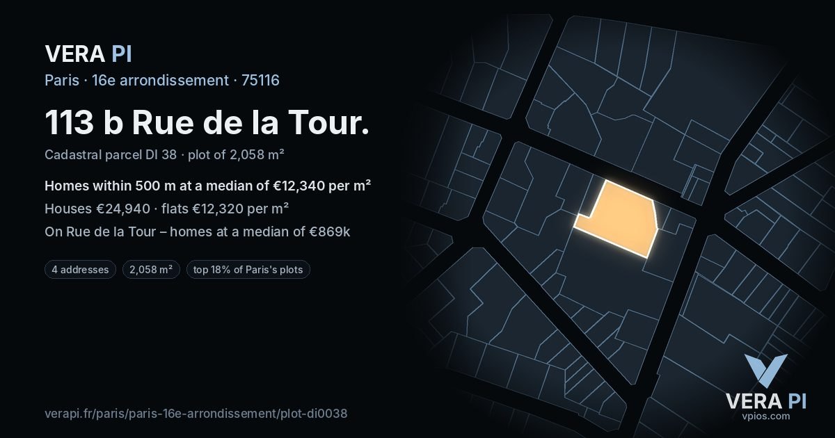 113 b Rue de la Tour, 16e arrondissement at night – the plot lit, the parcels around coloured by the prices near them
