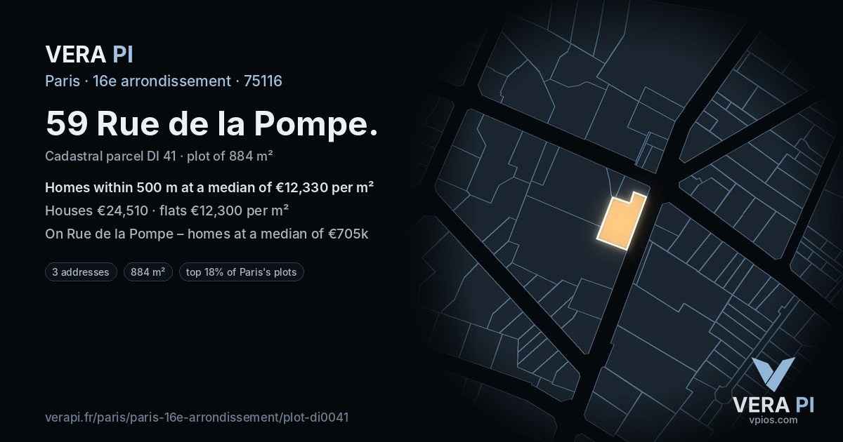 59 Rue de la Pompe, 16e arrondissement at night – the plot lit, the parcels around coloured by the prices near them