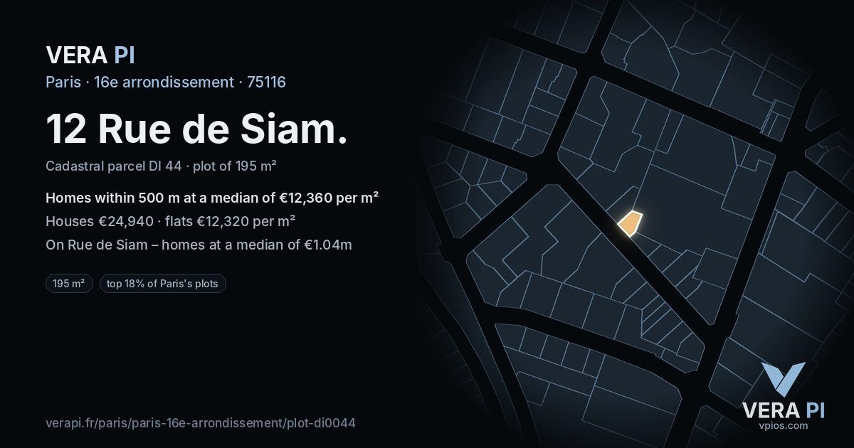 12 Rue de Siam, 16e arrondissement at night – the plot lit, the parcels around coloured by the prices near them