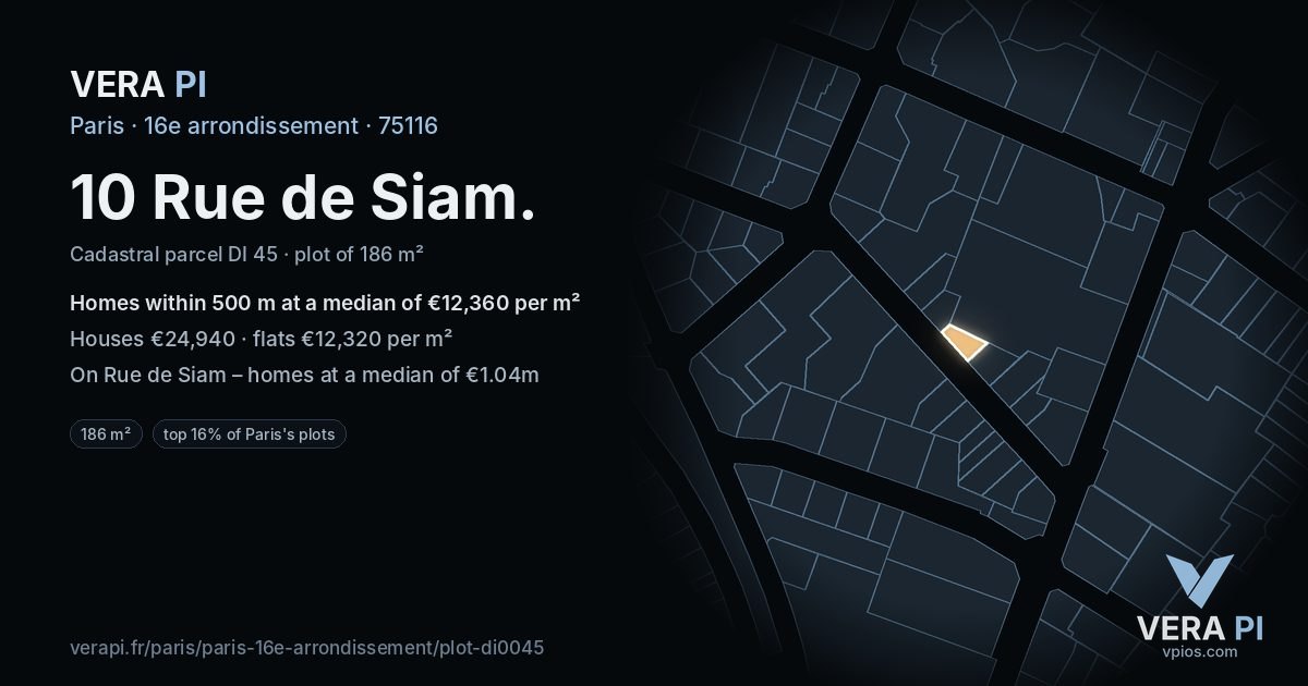 10 Rue de Siam, 16e arrondissement at night – the plot lit, the parcels around coloured by the prices near them