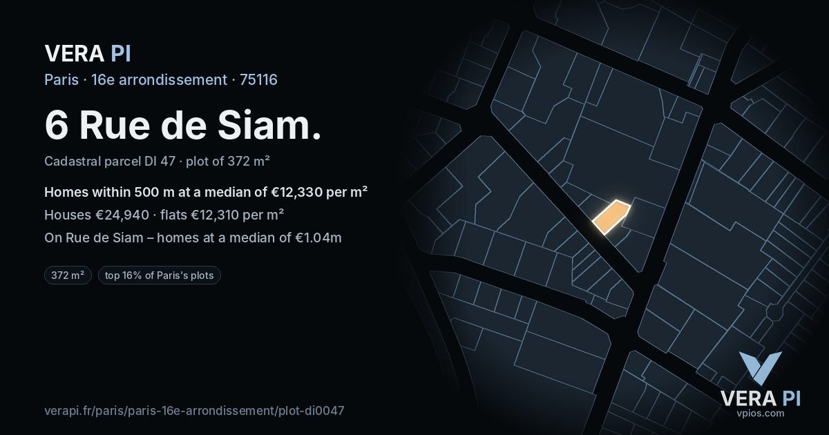 6 Rue de Siam, 16e arrondissement at night – the plot lit, the parcels around coloured by the prices near them