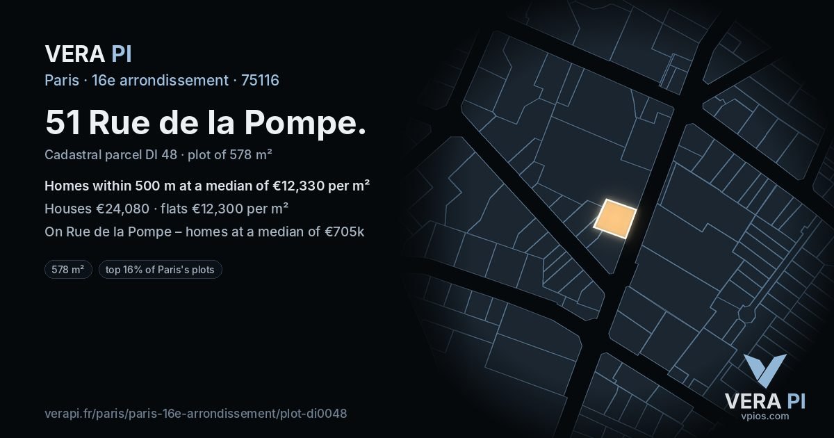 51 Rue de la Pompe, 16e arrondissement at night – the plot lit, the parcels around coloured by the prices near them