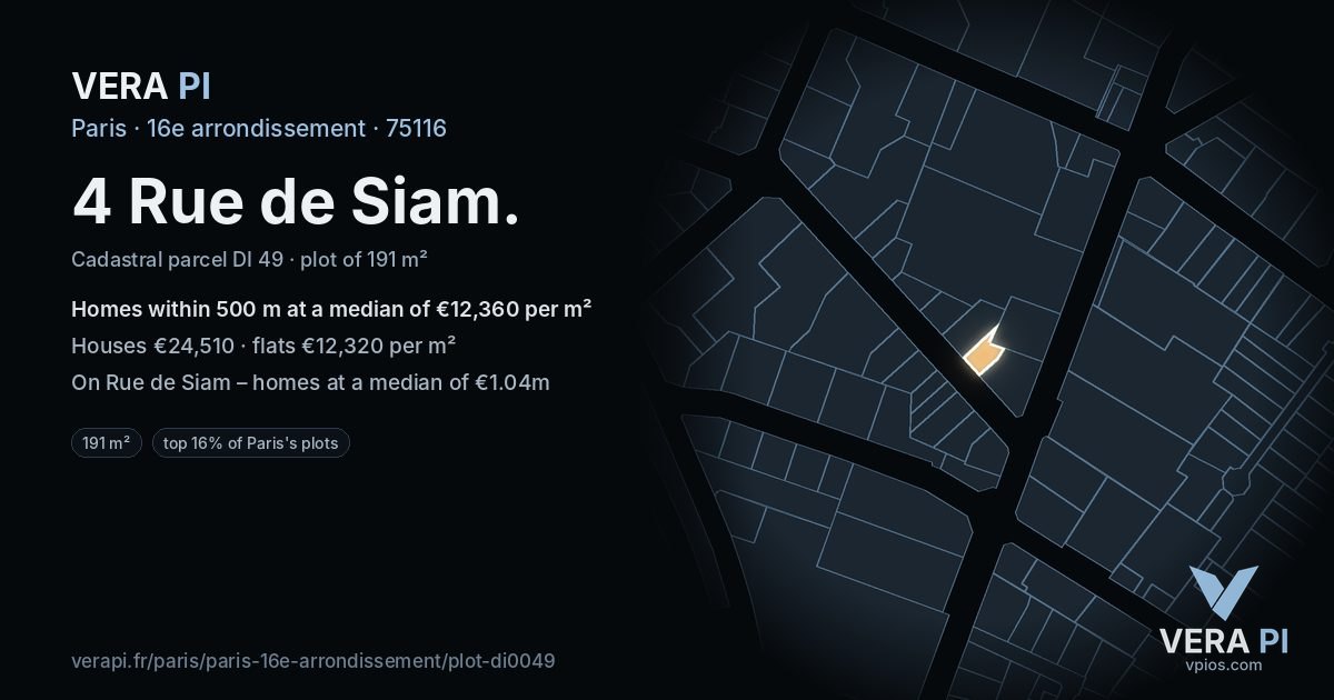 4 Rue de Siam, 16e arrondissement at night – the plot lit, the parcels around coloured by the prices near them