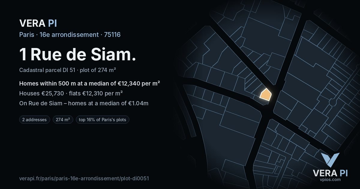 1 Rue de Siam, 16e arrondissement at night – the plot lit, the parcels around coloured by the prices near them