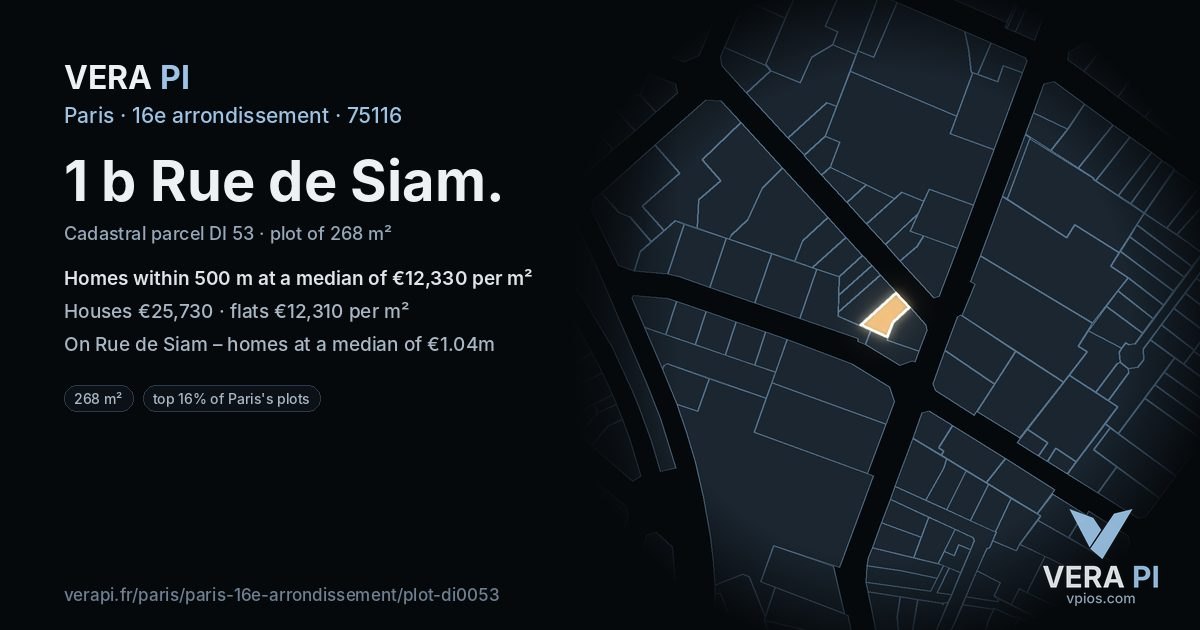 1 b Rue de Siam, 16e arrondissement at night – the plot lit, the parcels around coloured by the prices near them