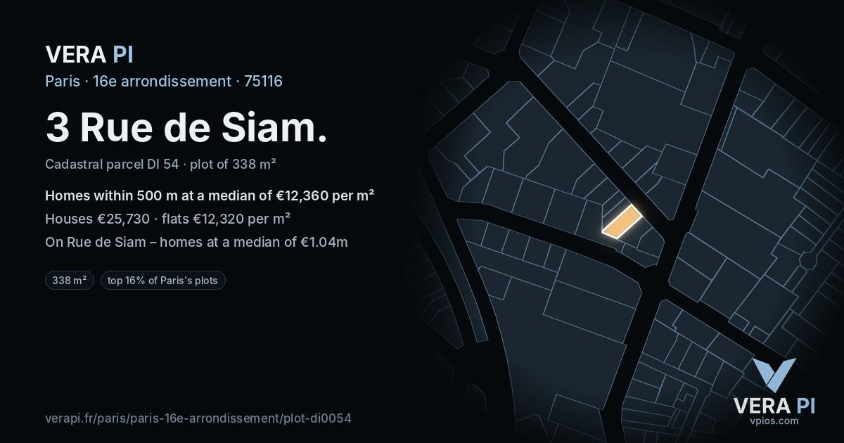 3 Rue de Siam, 16e arrondissement at night – the plot lit, the parcels around coloured by the prices near them