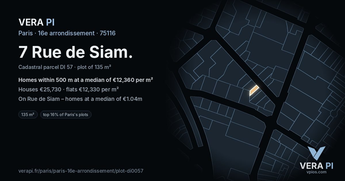 7 Rue de Siam, 16e arrondissement at night – the plot lit, the parcels around coloured by the prices near them