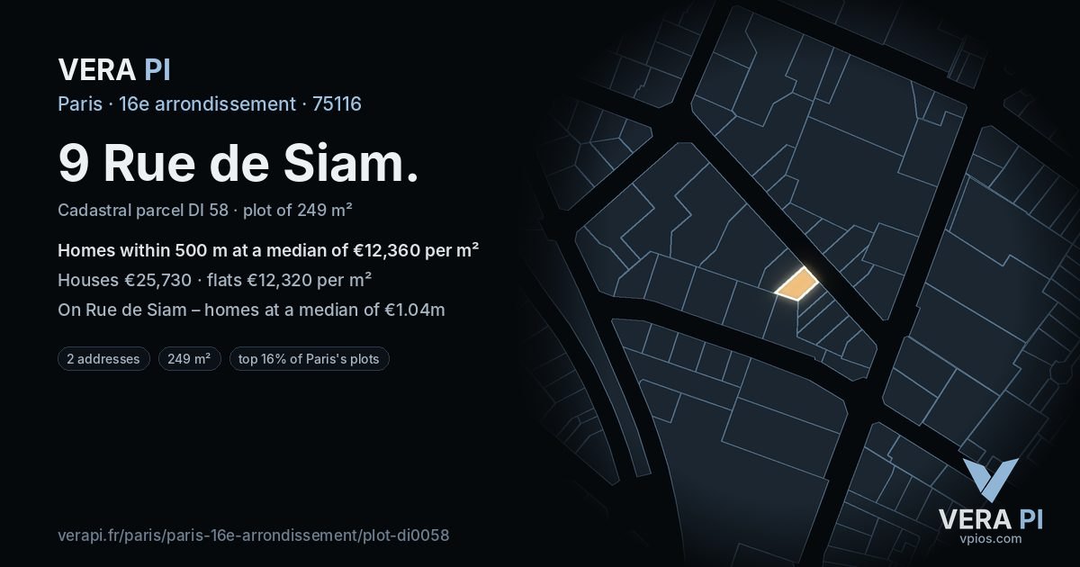 9 Rue de Siam, 16e arrondissement at night – the plot lit, the parcels around coloured by the prices near them
