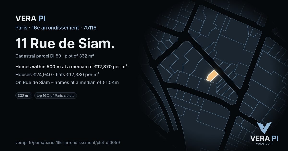11 Rue de Siam, 16e arrondissement at night – the plot lit, the parcels around coloured by the prices near them