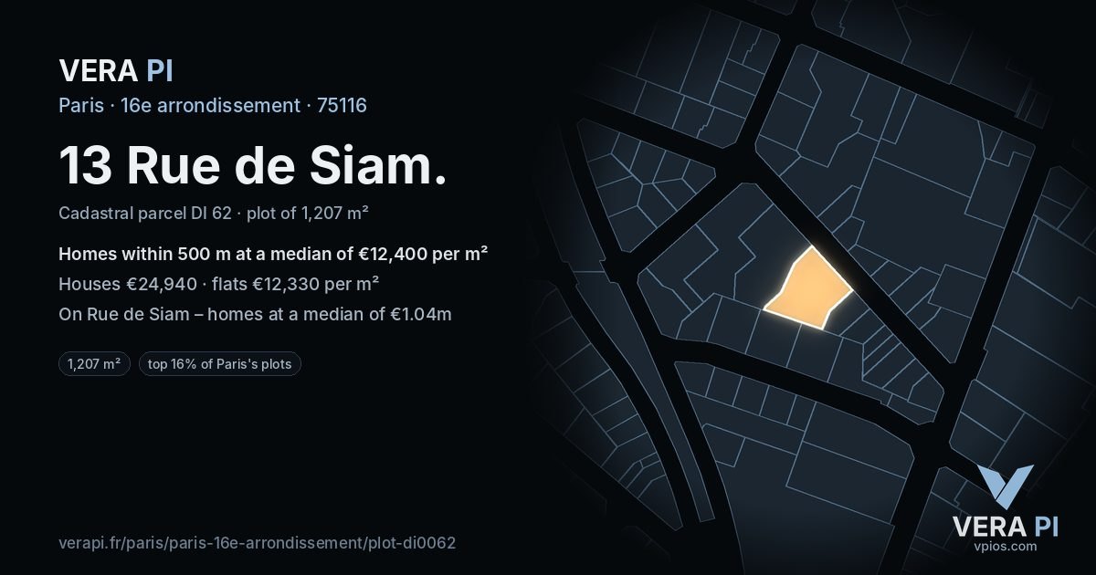 13 Rue de Siam, 16e arrondissement at night – the plot lit, the parcels around coloured by the prices near them