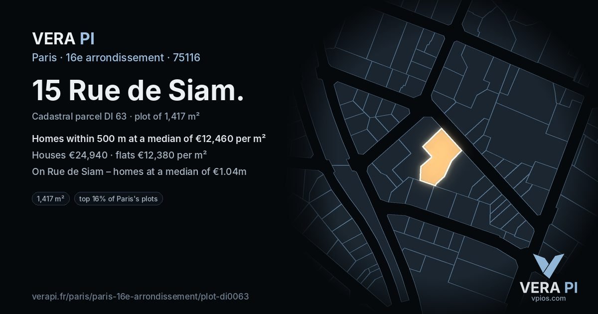 15 Rue de Siam, 16e arrondissement at night – the plot lit, the parcels around coloured by the prices near them